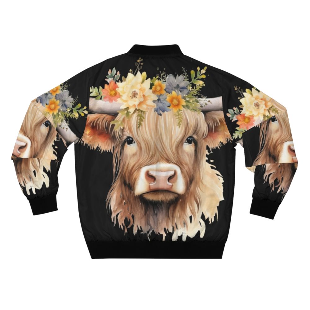 Cute highland baby cow wearing a bomber jacket with flowers - Back