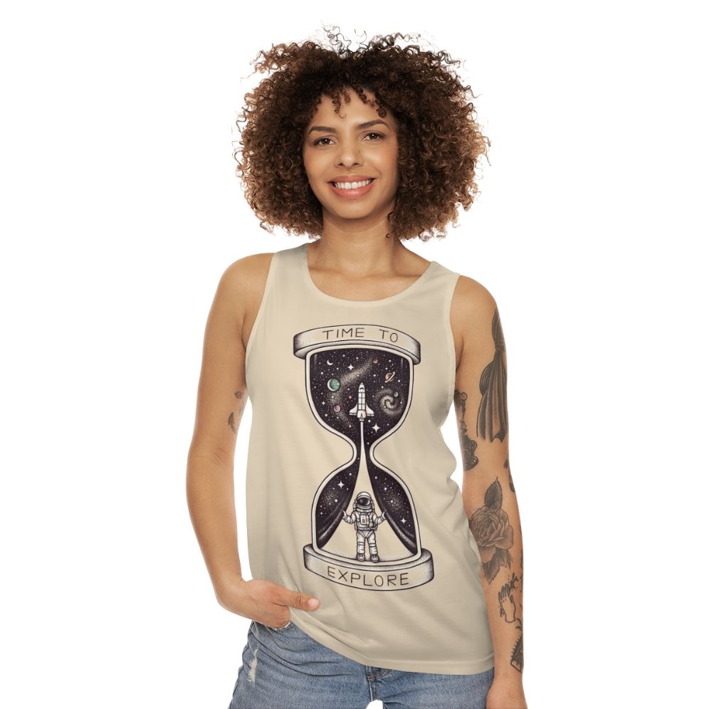 Unisex space-themed tank top with galaxy and planetary design - women