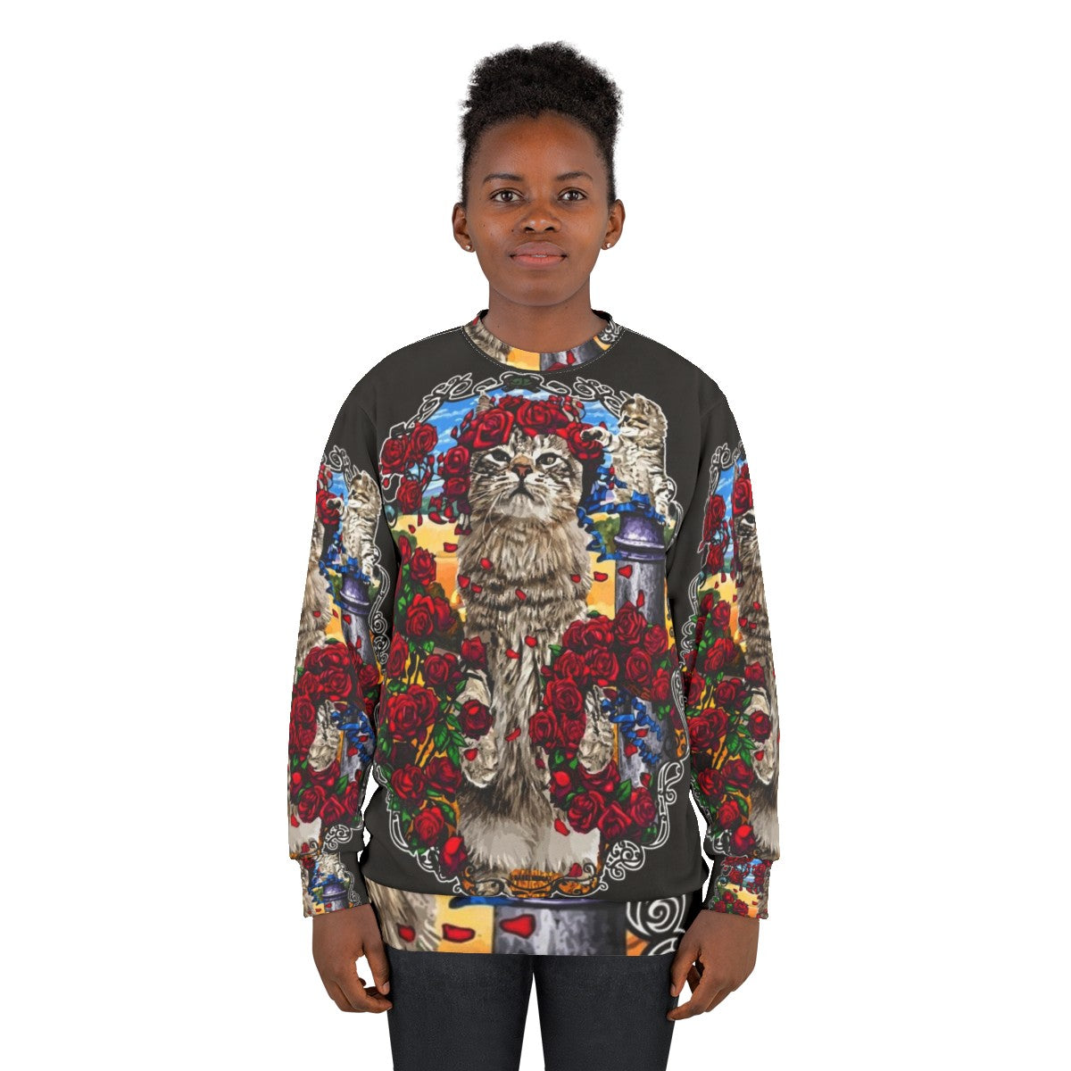 Grateful cats and psychedelic roses design on a sweatshirt - women