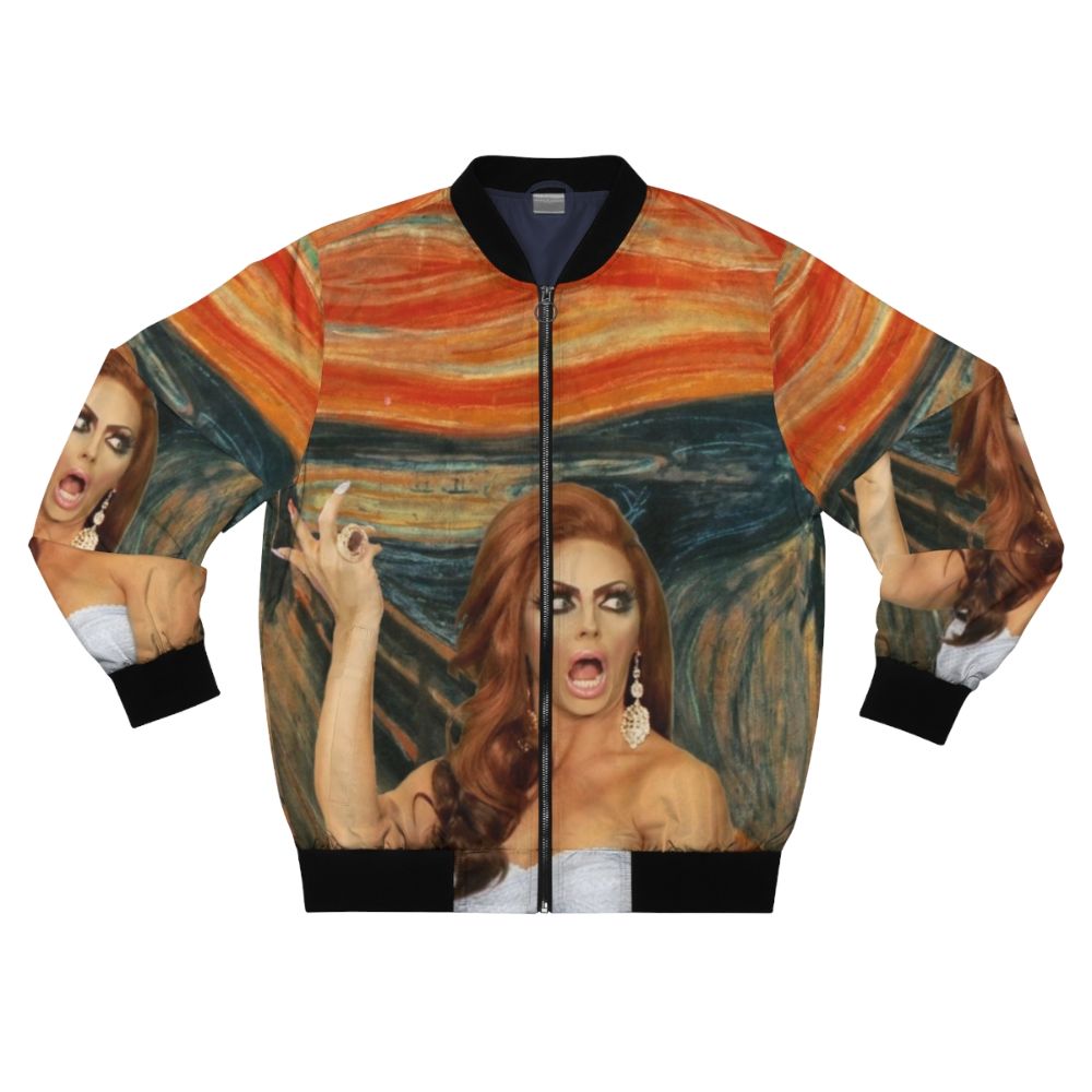 Alyssa Edwards wearing a colorful bomber jacket with her iconic catchphrase "Backrolls?" printed on the back