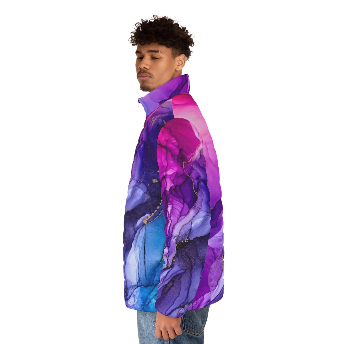 Vibrant abstract rainbow ombre puffer jacket with fluid art inspired design - men side left