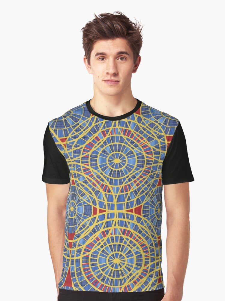 Dragon Con Marriott Carpet Graphic T-Shirt with a colorful pattern of red, blue, yellow, and diamond shapes - Men