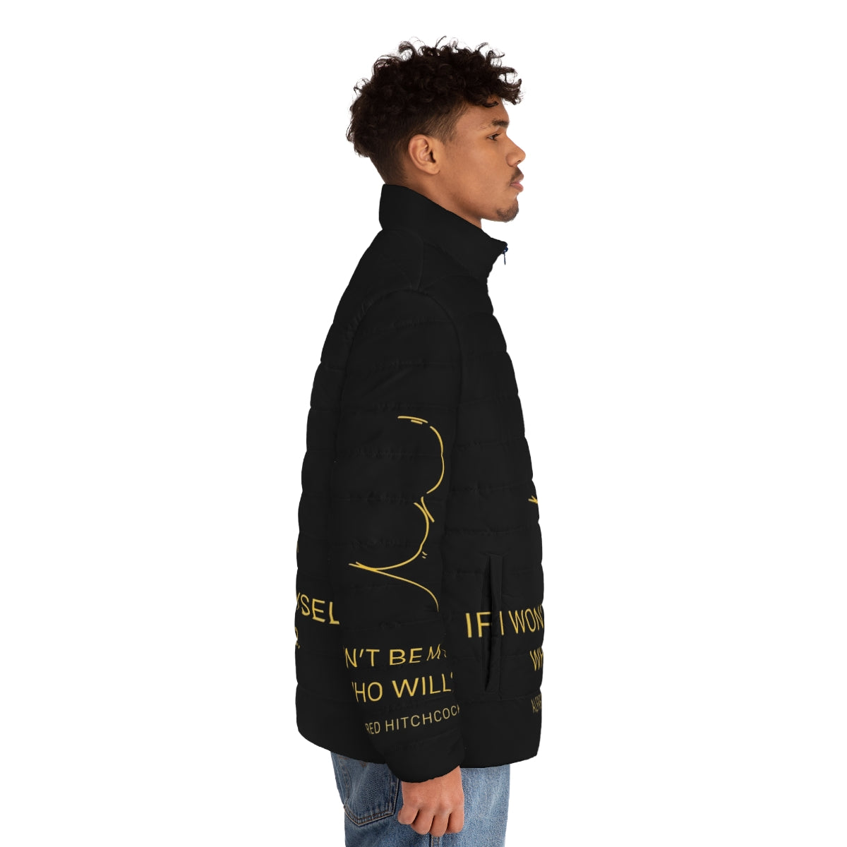 Alfred Hitchcock quote puffer jacket with black and gold design - men side right