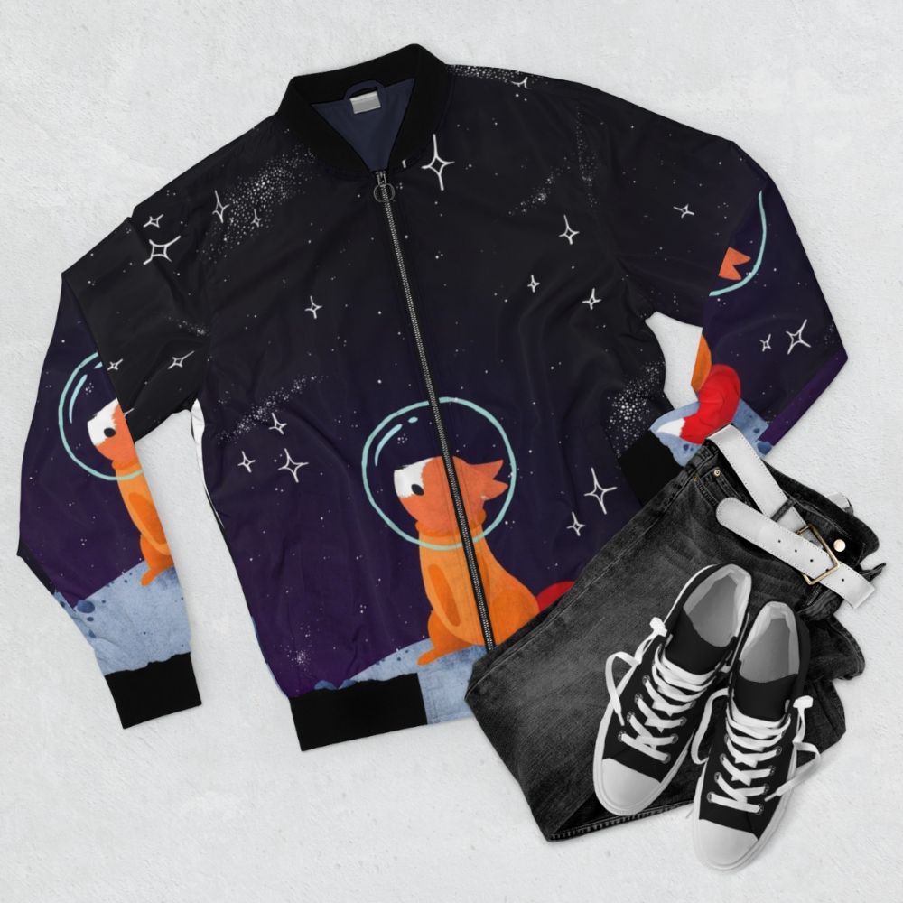 Illustration of a cute space fox in a bomber jacket, exploring the galaxy - Flat lay