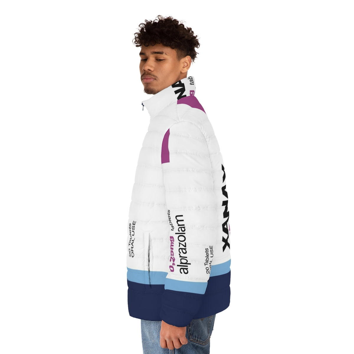 Xanax-inspired puffer jacket for fashion and meme enthusiasts - men side left