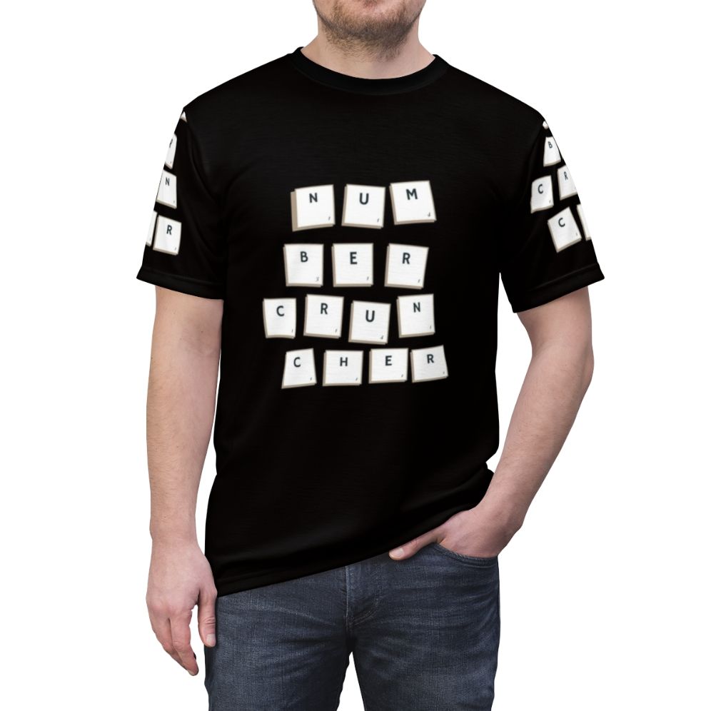 Model wearing a t-shirt that says "Number Cruncher" with an accounting-themed graphic design - men front