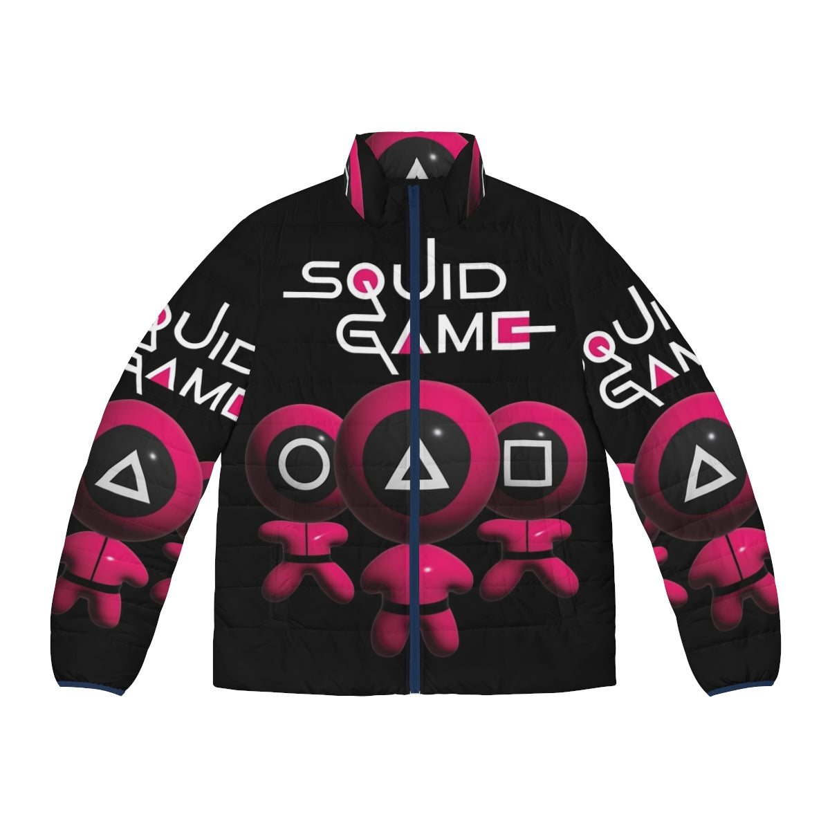 Squid Game fan art puffer jacket with various character symbols and graphics