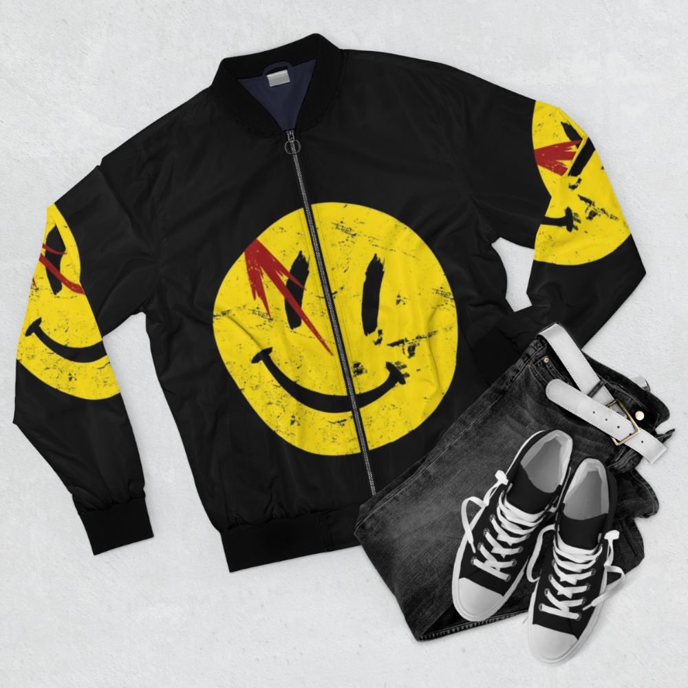 Vintage Watchmen Symbol Bomber Jacket featuring the iconic Watchmen character designs - Flat lay