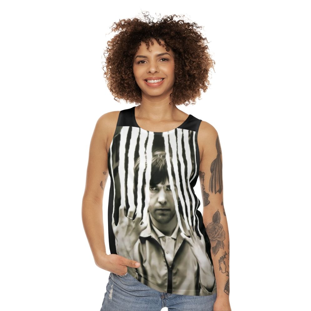 Retro unisex tank top with progressive rock band design - women