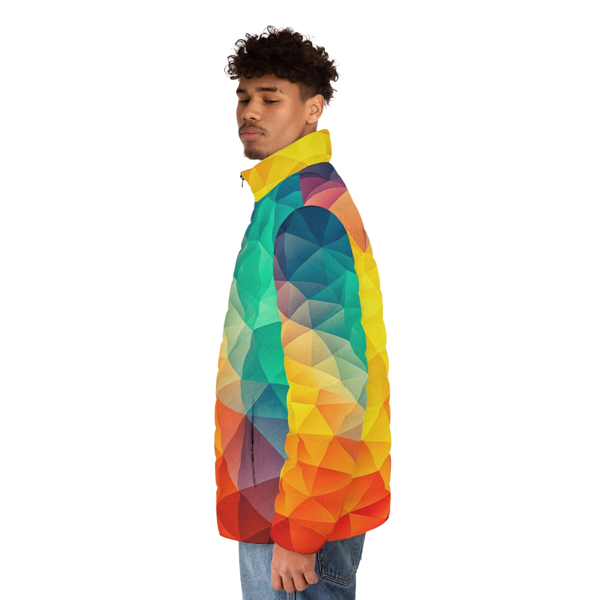 Colorful abstract geometric puffer jacket - men side left