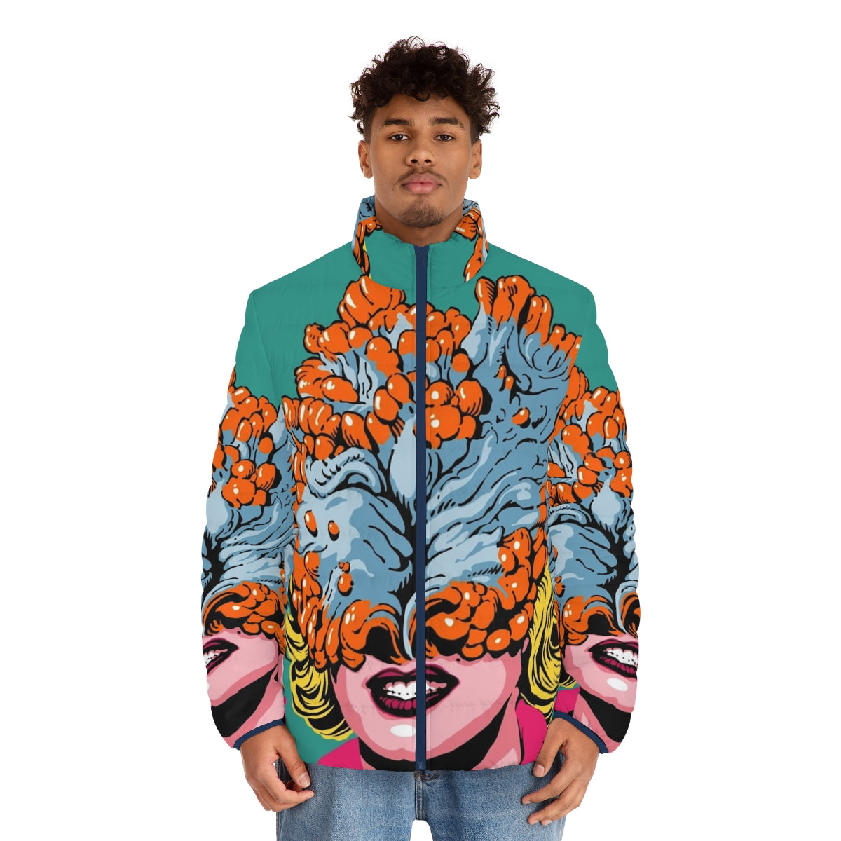 Pop art inspired puffer jacket featuring a cordyceps mushroom design - men front