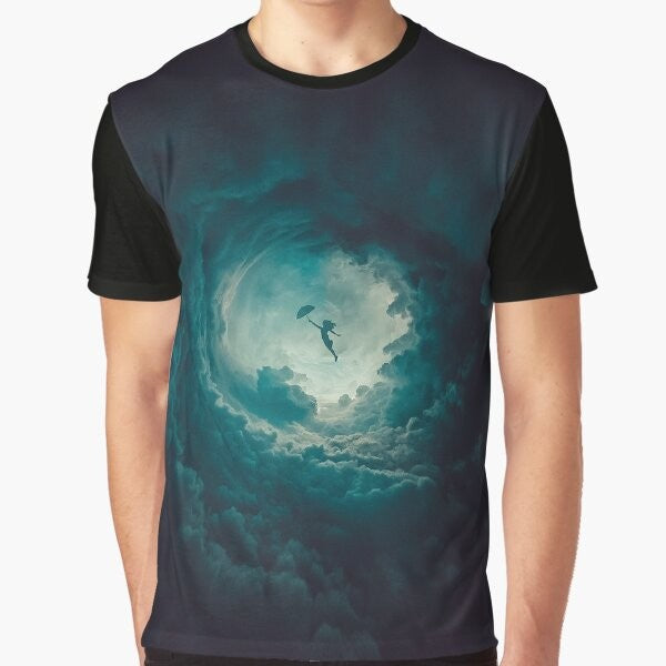 A green graphic t-shirt featuring a round design with clouds, sky, and an umbrella in a mixed media style.