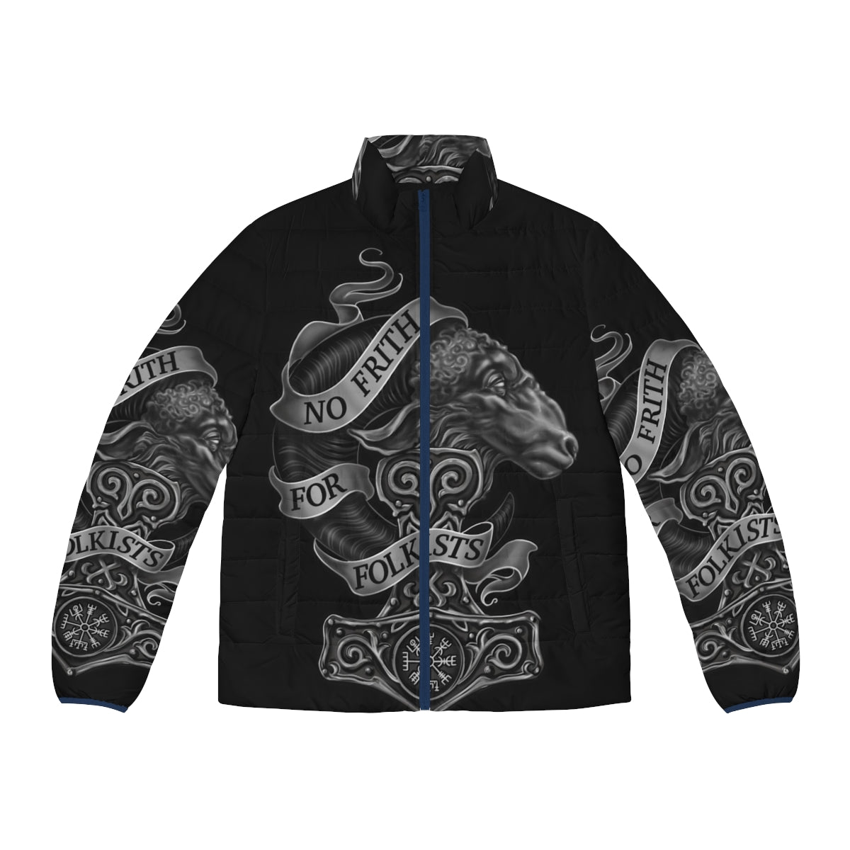 A warm and stylish puffer jacket with Norse pagan and heathen design elements like Mjolnir, Odin's symbol, and Freyja's jewelry.