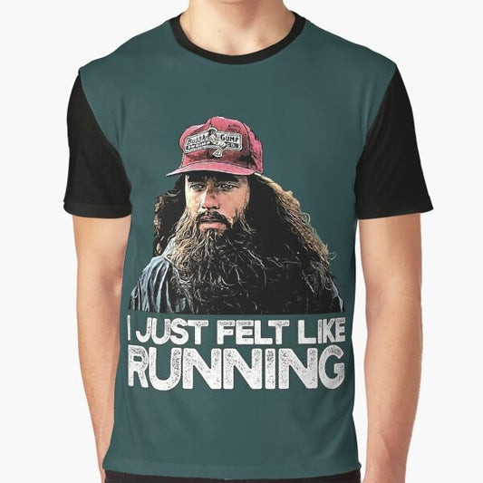 "I Just Felt Like Running" Forrest Gump inspired graphic t-shirt with a man running in a cap and beard.