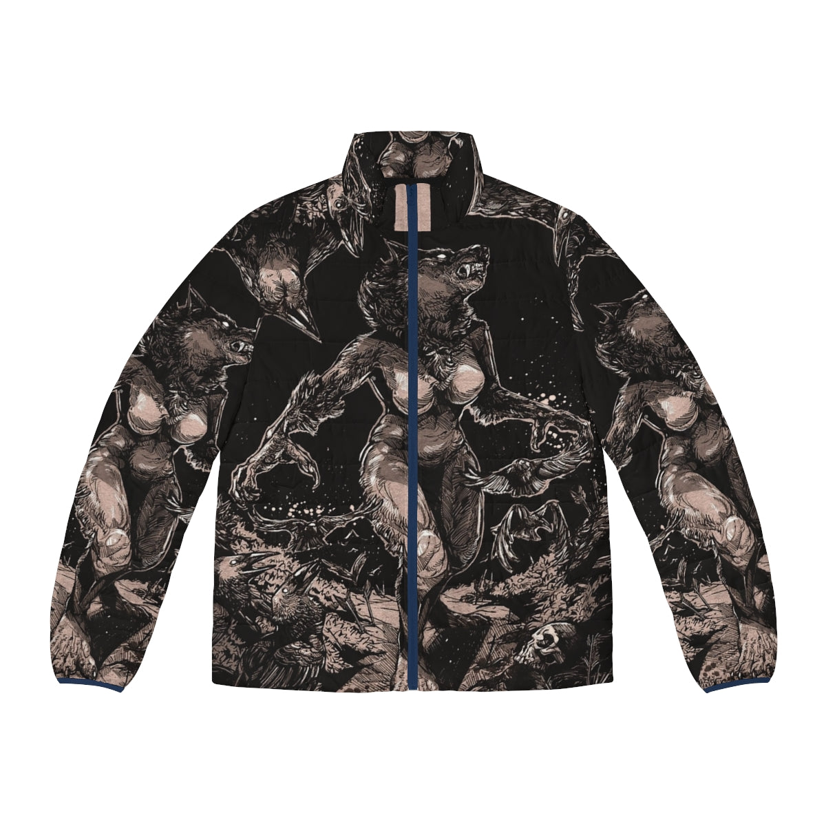 Puffer jacket with wolf and werewolf design for outdoor adventures