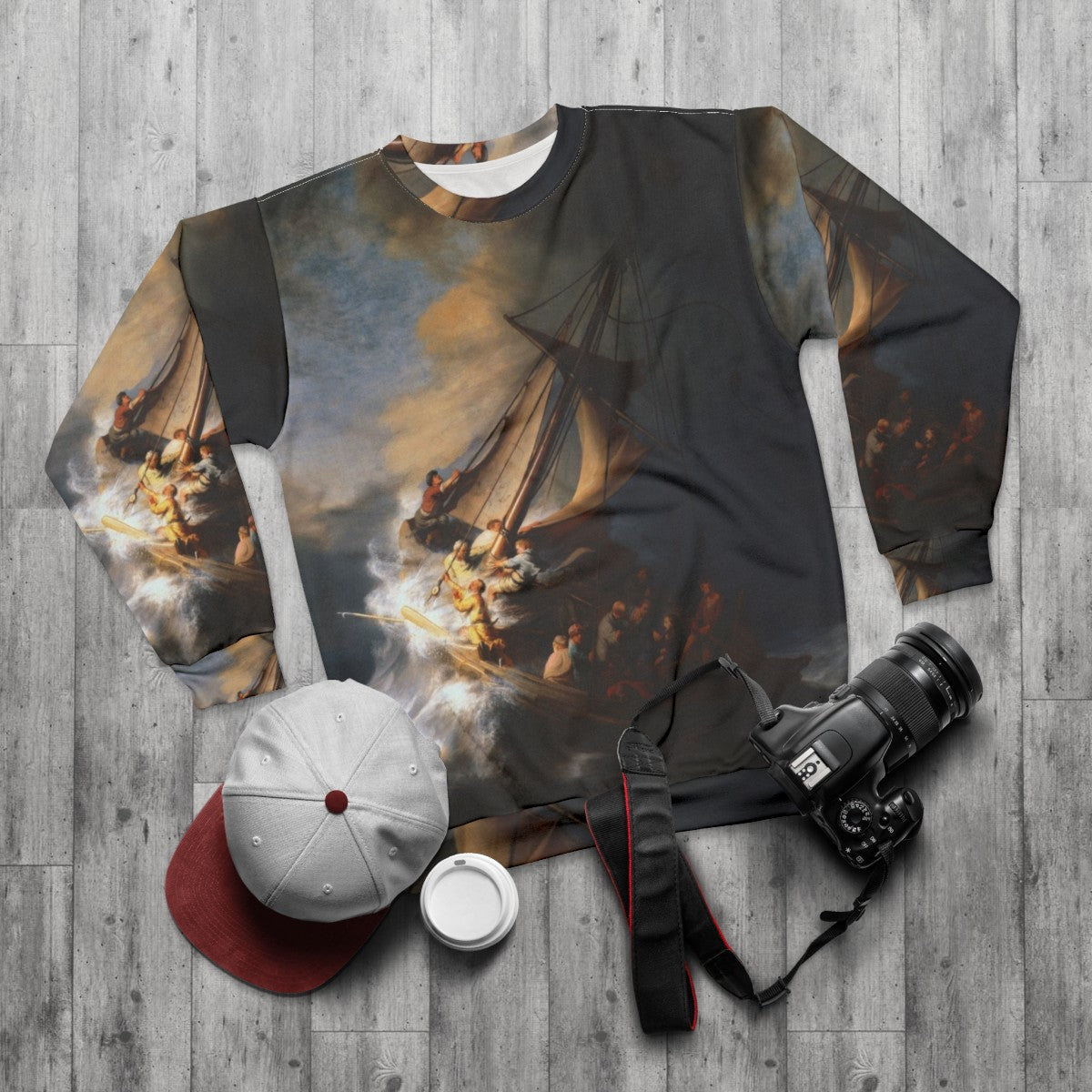 Rembrandt's 'The Storm on the Sea of Galilee' Christian Sweatshirt - flat lay