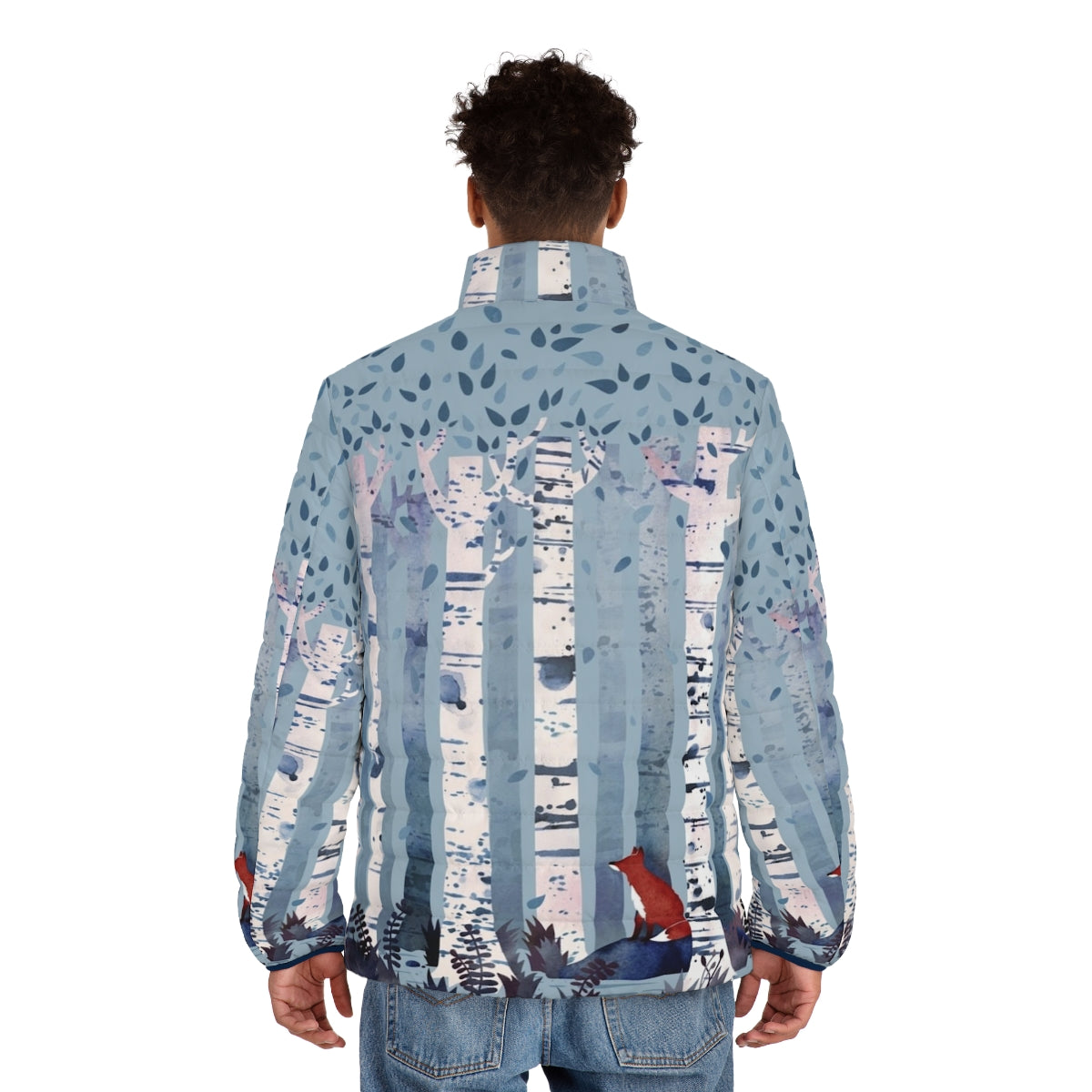 Blue watercolor puffer jacket with birchwood and nature motifs - men back