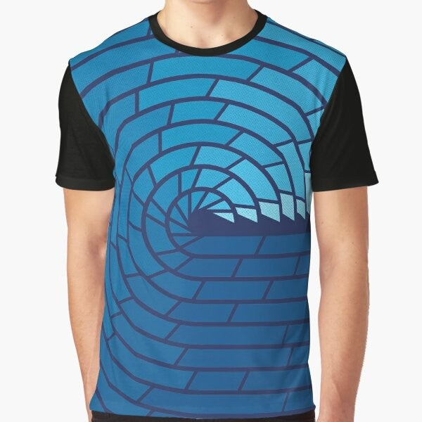 Minimalist ocean graphic design t-shirt featuring a geometric wave pattern in blue and white tones.