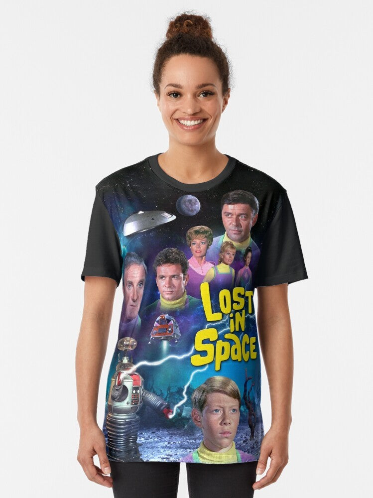 Retro-inspired Lost in Space Season 3 graphic t-shirt with the show's iconic logo and characters - Women