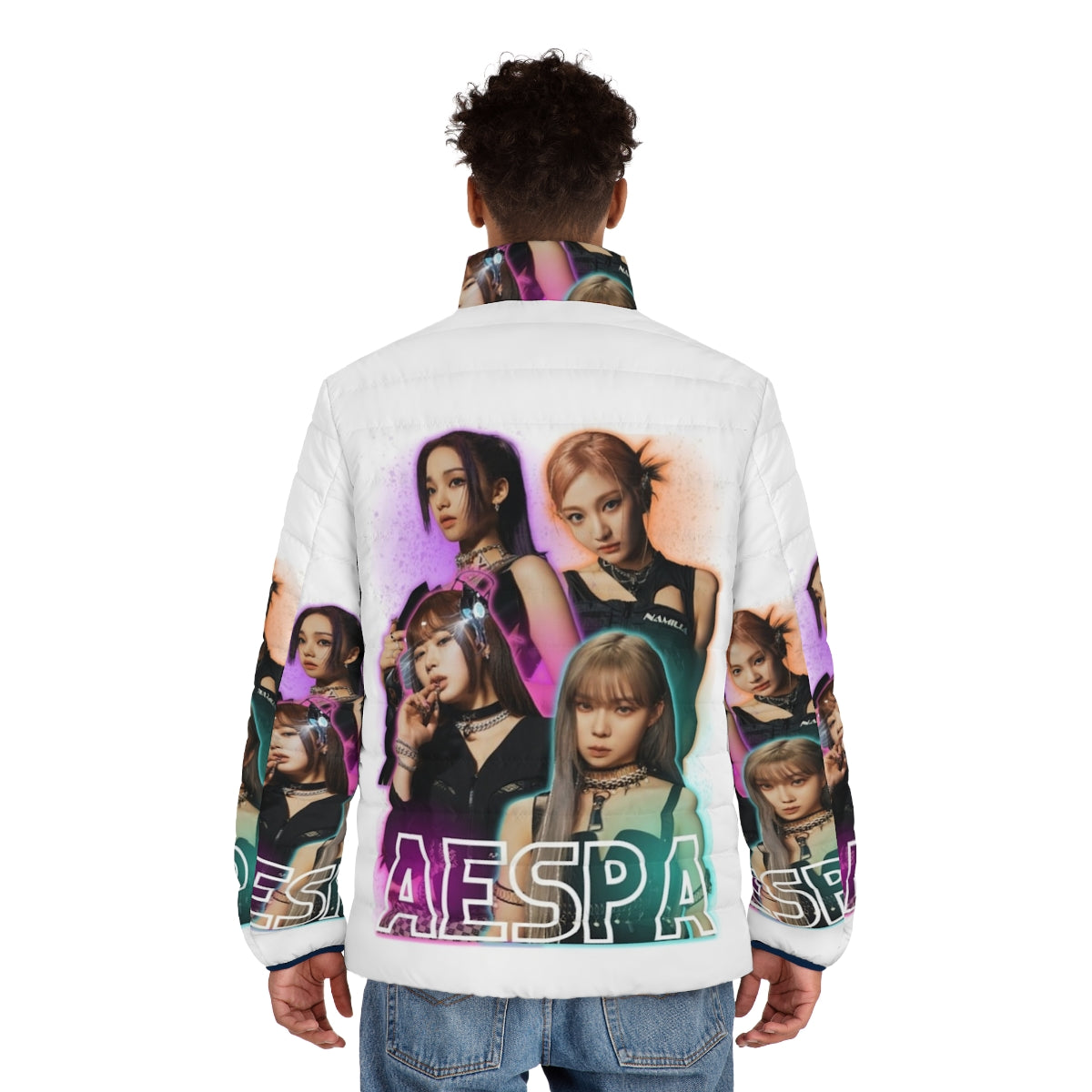 Aespa members wearing stylish puffer jackets in a winter-themed collage image - men back