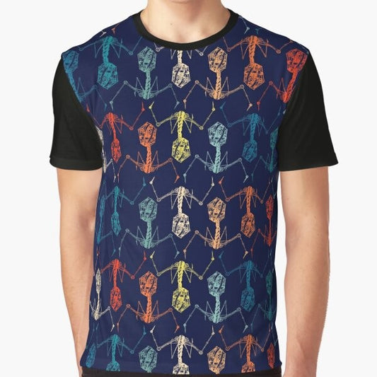 A graphic t-shirt featuring a colorful bacteriophage or phage design against a rainbow-like background.