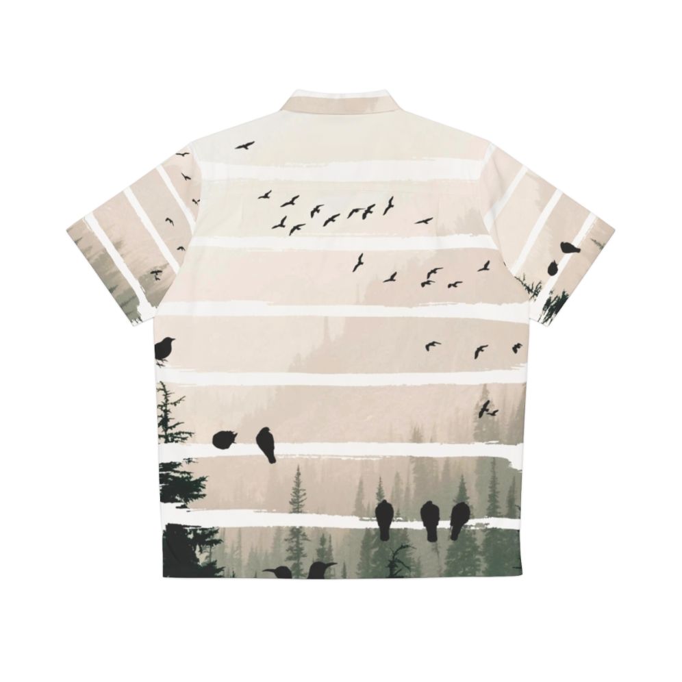 Sunset Hawaiian shirt with birds watching in misty forest landscape - Back