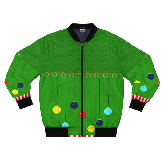 Arthur Claus wearing a green and red ugly Christmas sweater bomber jacket with holiday ornaments