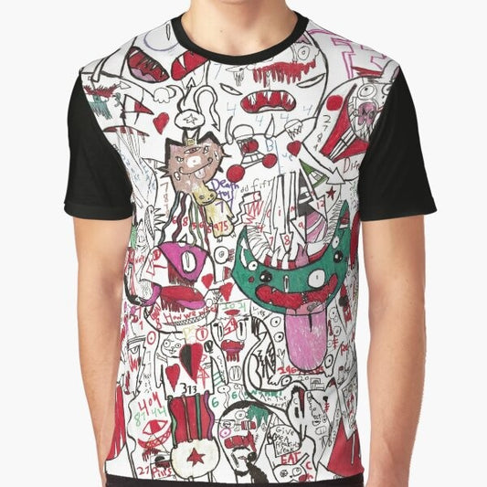 Psychedelic anime-inspired graphic t-shirt with a funky, cool, and unusual morph design