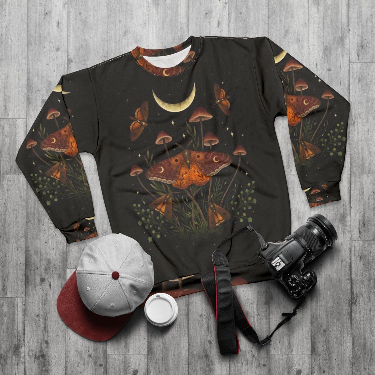 Golden brown moth inspired autumn nature sweatshirt - flat lay