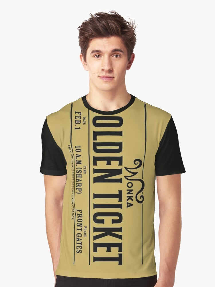 Golden ticket graphic t-shirt design, featuring a Wonka bar and chocolate references - Men