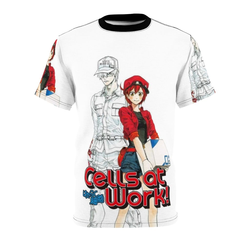 Illustrated t-shirt design featuring anime-style cells from the "Cells at Work" manga and anime series