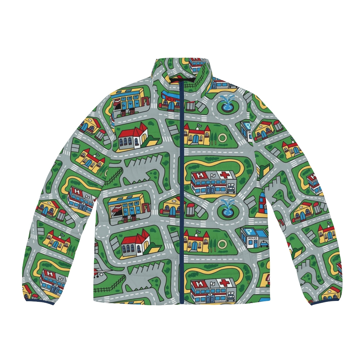 A 90s-inspired puffer jacket with a nostalgic toy car and city carpet road rug design