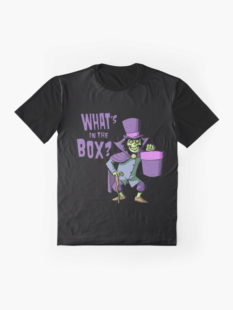 A graphic t-shirt design featuring a haunted mansion and a mysterious hatbox, with spooky and creepy elements. - Flat lay