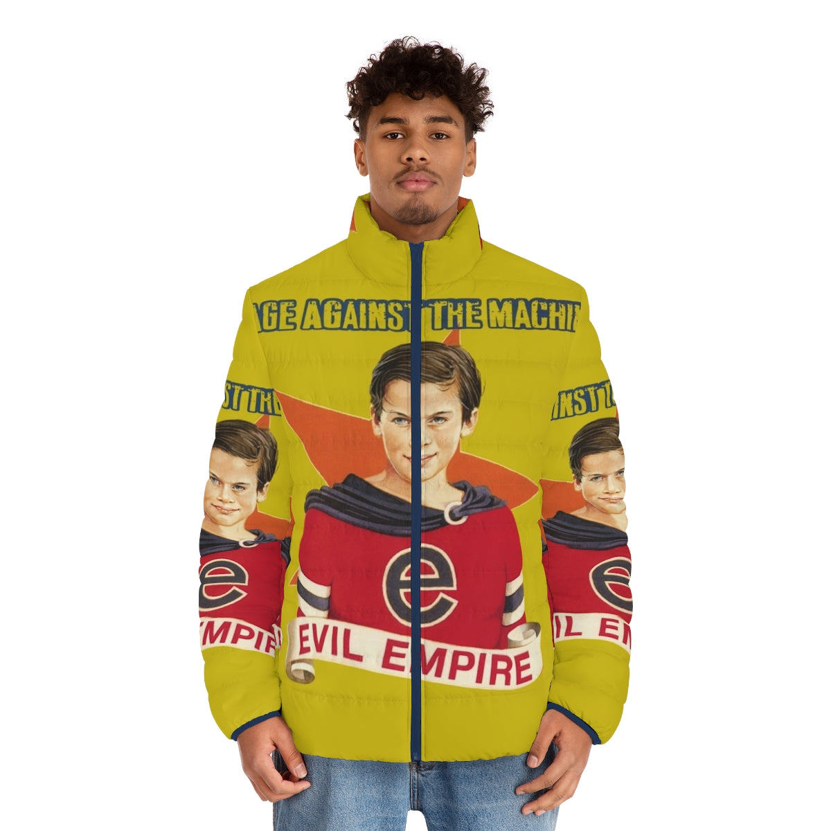 Rage Against the Machine inspired puffer jacket with the Evil Empire album cover design - men front