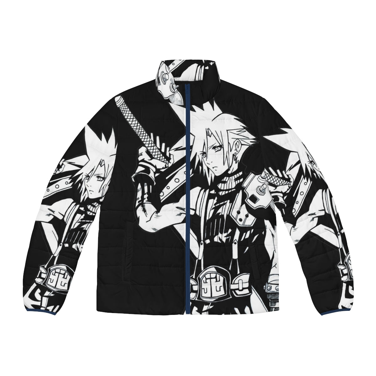 Puffer jacket featuring the iconic swordmaster Cloud Strife from Final Fantasy