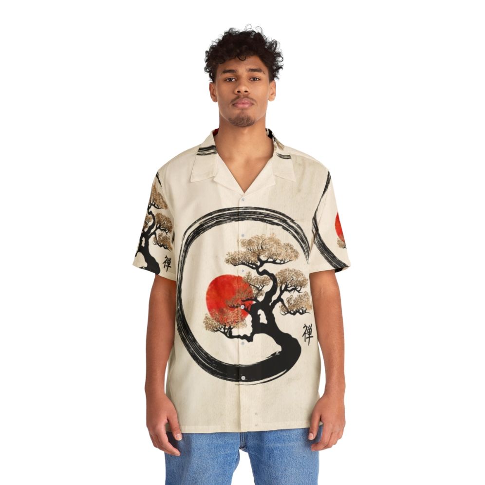 Enso Circle and Bonsai Tree Hawaiian Shirt with Zen Minimalist Design - People Front