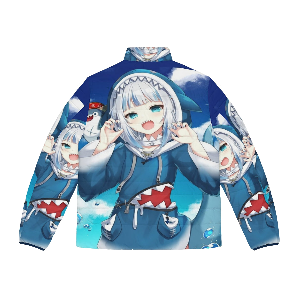 Gawr Gura Hololive anime-inspired puffer jacket with chibi character design - Back