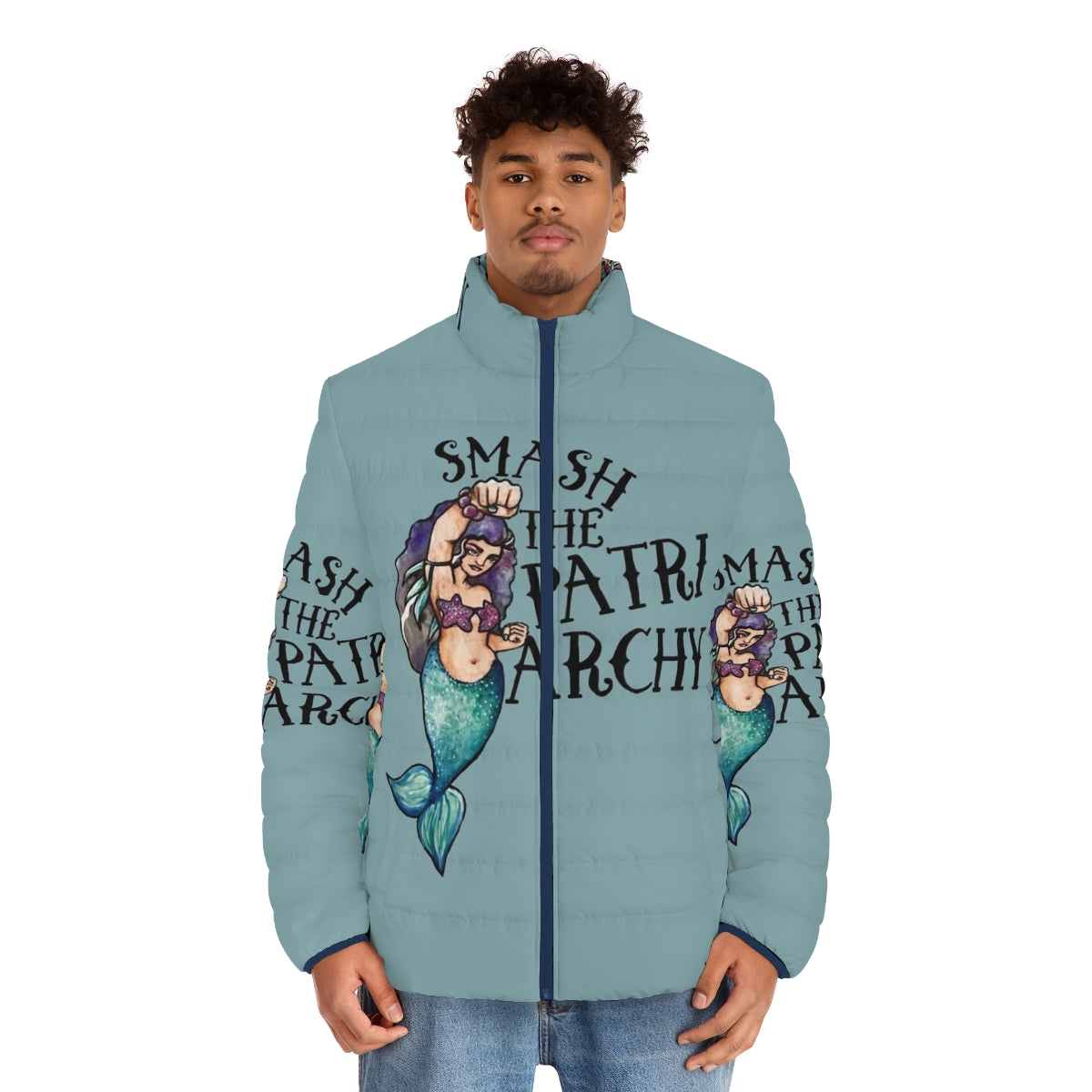 Smash the Patriarchy feminist puffer jacket with mermaid and animal designs - men front