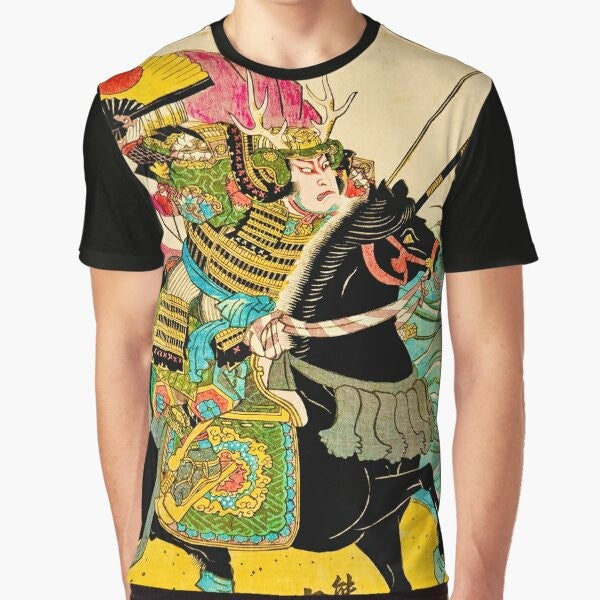 A graphic t-shirt design featuring a samurai warrior riding a horse in the traditional Japanese ukiyo-e style.