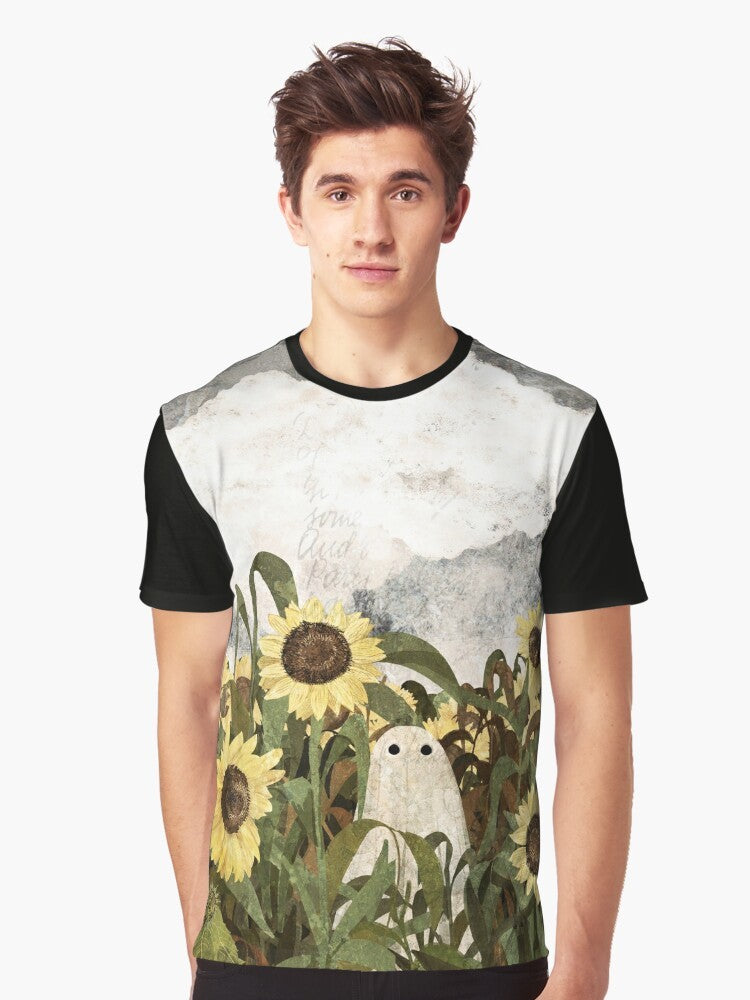 Graphic t-shirt design featuring a ghost in a sunflower field - Men