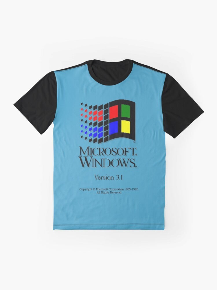 A vintage-style graphic t-shirt featuring the Windows 3.1 operating system logo, evoking nostalgic memories of retro Microsoft gaming and computing in the 90s. - Flat lay