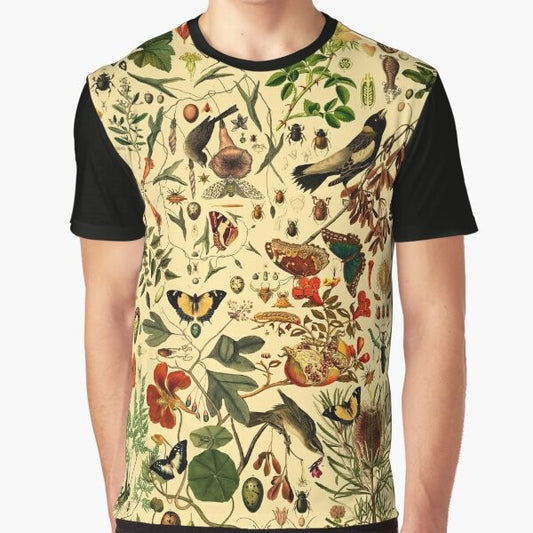 Biology 101 Warm Nature Graphic T-Shirt with a repeating pattern of plants, insects, and animals