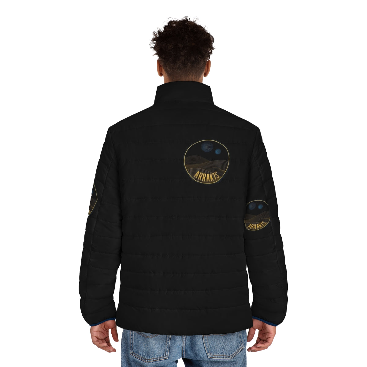 Arrakis Dune Puffer Jacket with line art landscape and two moons - men back