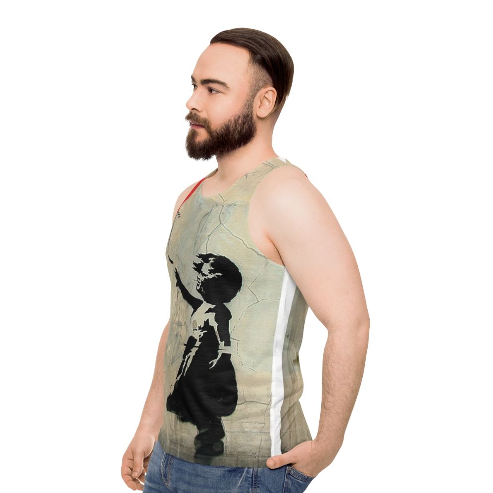 Banksy-inspired red tank top with heart balloon graphic - men side