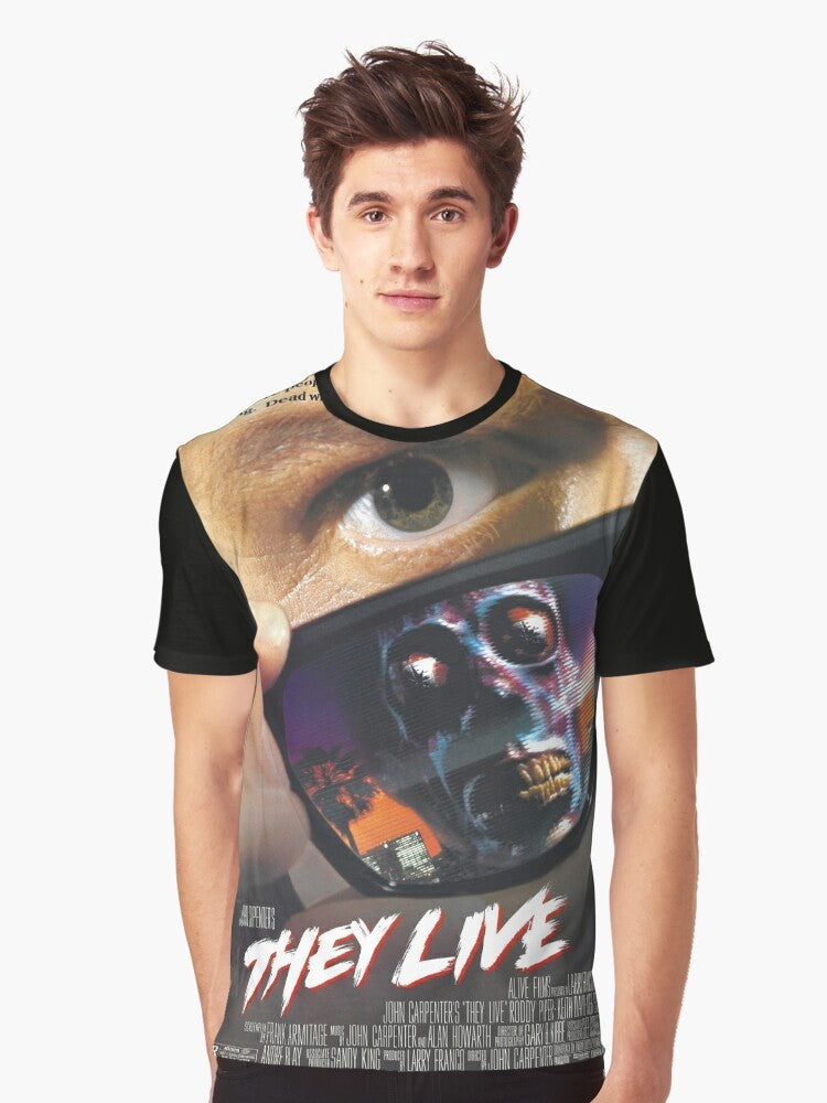 They Live! Sci-Fi Graphic T-Shirt featuring a retro movie poster style design with aliens and human figures - Men