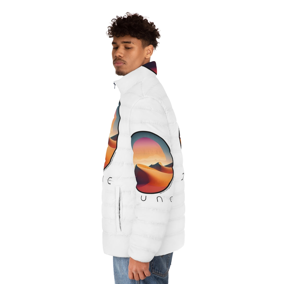 Dune-inspired puffer jacket with desert landscape design - men side left