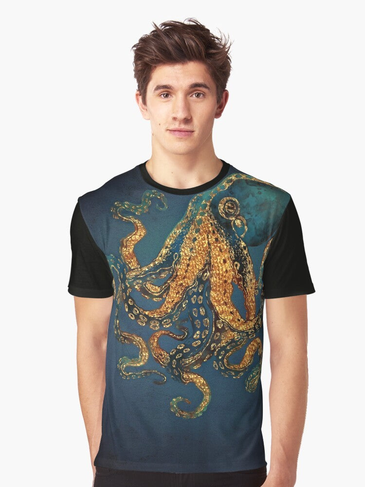 Underwater Dream Graphic T-Shirt featuring an abstract, watercolor-style octopus design in shades of blue, cobalt, navy, and aqua. - Men