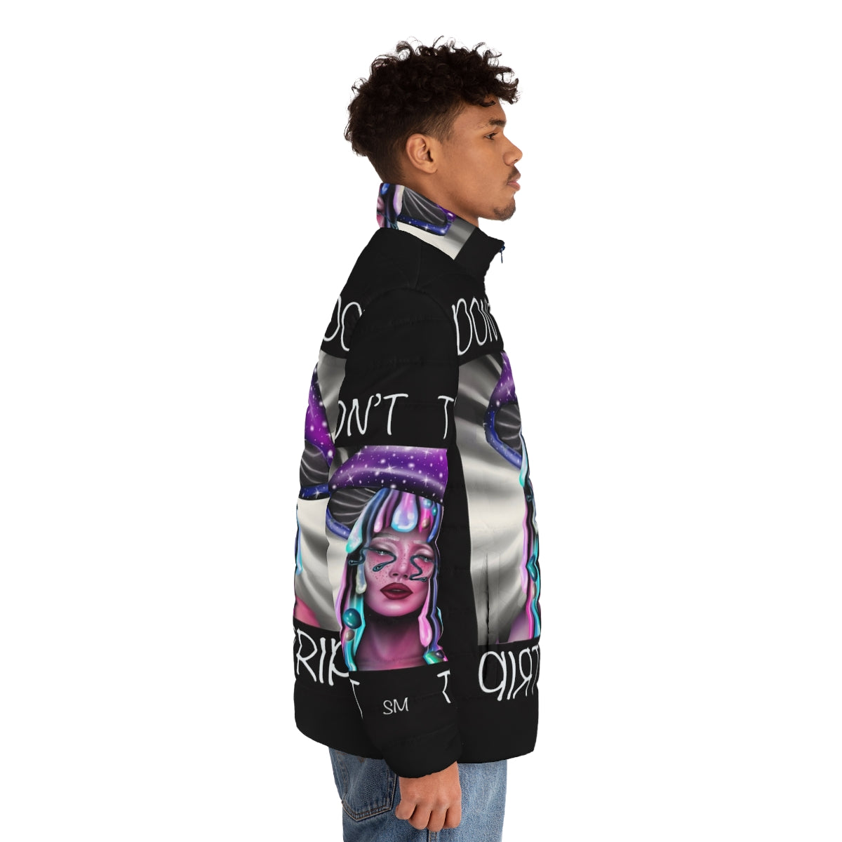 Trippy puffer jacket with psychedelic and mushroom design - men side right