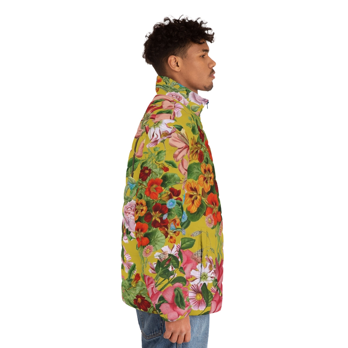 Floral pattern on yellow background puffer jacket - men side right