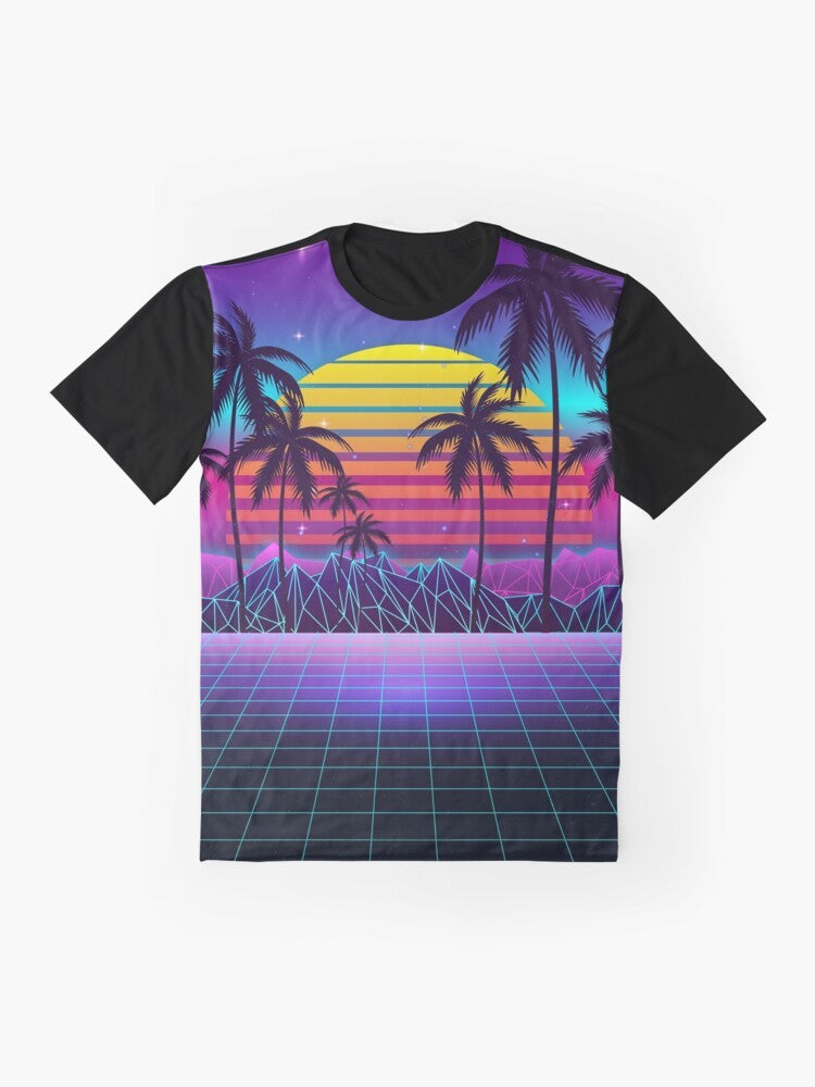 Radiant sunset synthwave graphic t-shirt with aesthetic retro and futuristic design - Flat lay